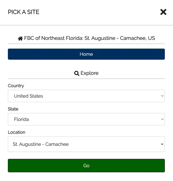 A location selection screen from the Freedom Boat Club website, showing options to choose a country, state, and location. The current selection is "FBC of Northeast Florida: St. Augustine - Camachee, US." Below the location information, there are dropdown menus to select the country (set to United States), state (set to Florida), and location (set to St. Augustine - Camachee). A green "Go" button is located at the bottom of the screen to confirm the selection. At the top, a "Home" button allows the user to return to the main page.