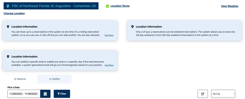 A screenshot of the Freedom Boat Club reservation system for the St. Augustine - Camachee location. The page displays two information boxes regarding location rules. The first box explains that members can have up to four active reservations at a time, which roll off once used. The second box highlights that only two of the four reservations can be weekend bookings, with limits on full and half-day weekend reservations. The page includes options to reserve or waitlist a boat, along with a date selection tool and a filter button for choosing a time frame. There are also buttons for sorting the results.




