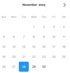 A calendar view for November 2023 showing the dates arranged from Sunday to Saturday. The 28th is highlighted in blue, indicating a selected date. The days of the week are listed along the top, with each day represented as a number. The arrow at the top right allows navigation to the next month. The calendar layout is simple and clear, showing all the days of the month.