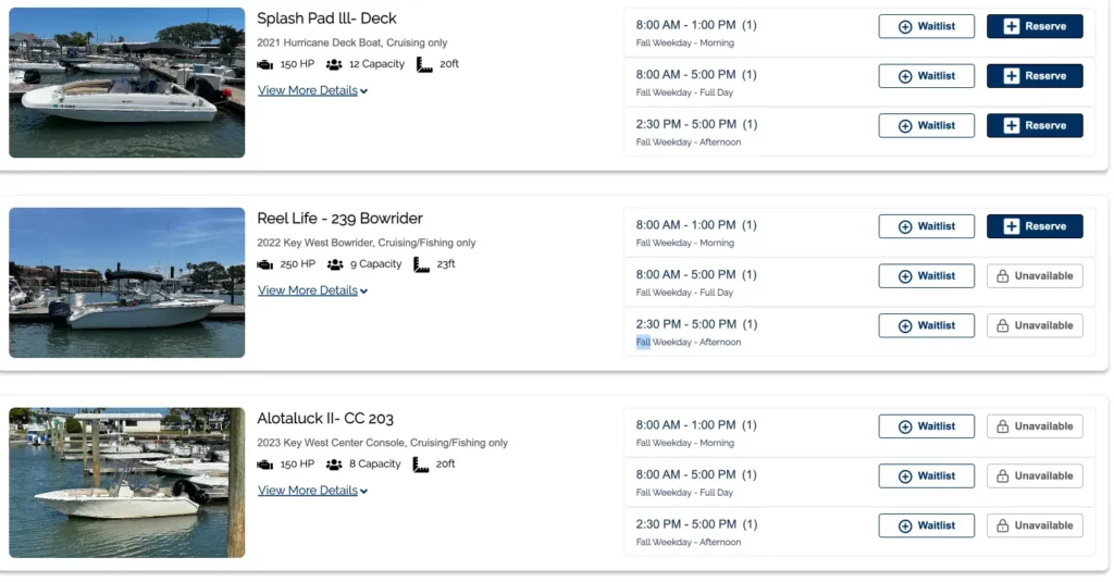 A screenshot of the Freedom Boat Club reservation system displaying available boats. Three boats are listed:

"Splash Pad III - Deck," a 2021 Hurricane Deck Boat with 150 HP, 12-passenger capacity, and 20 feet in length. Options to reserve or waitlist are available for various time slots.
"Reel Life - 239 Bowrider," a 2022 Key West Bowrider with 250 HP, 9-passenger capacity, and 23 feet in length. The boat has reservation or waitlist options for different times, but some slots are unavailable.
"Alotaluck II - CC 203," a 2023 Key West Center Console with 150 HP, 8-passenger capacity, and 20 feet in length. The boat is mostly unavailable, but waitlist options are shown.
Each listing includes an option to "View More Details," along with information on horsepower, capacity, and boat length.