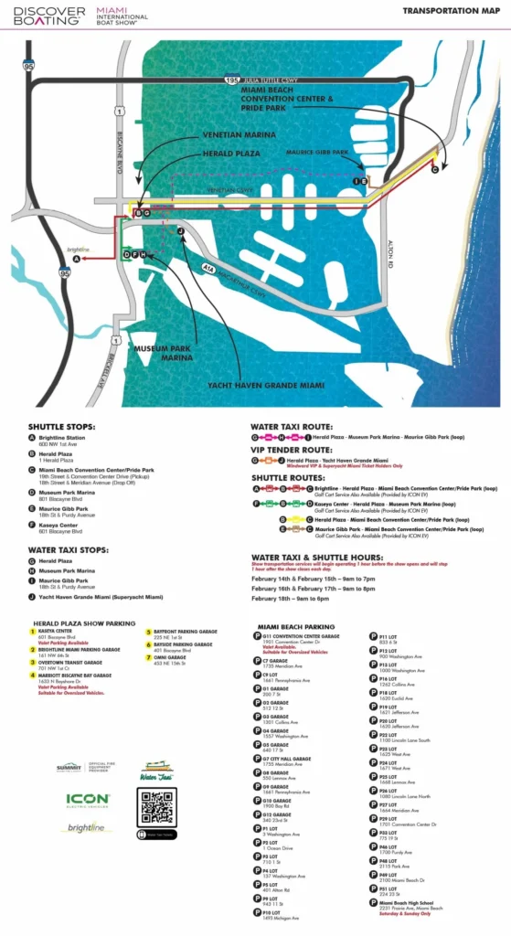 Transportation map for the Miami International Boat Show showing shuttle and water taxi routes. Key locations include Miami Beach Convention Center, Venetian Marina, Herald Plaza, Museum Park Marina, and Yacht Haven Grande Miami. The map uses color-coded lines to indicate shuttle and water taxi routes, with stops labeled for each location. Parking options are also marked, along with detailed shuttle routes and hours of operation for different days of the show. Additional details about VIP tender routes and specific shuttle stops are listed at the bottom of the map.