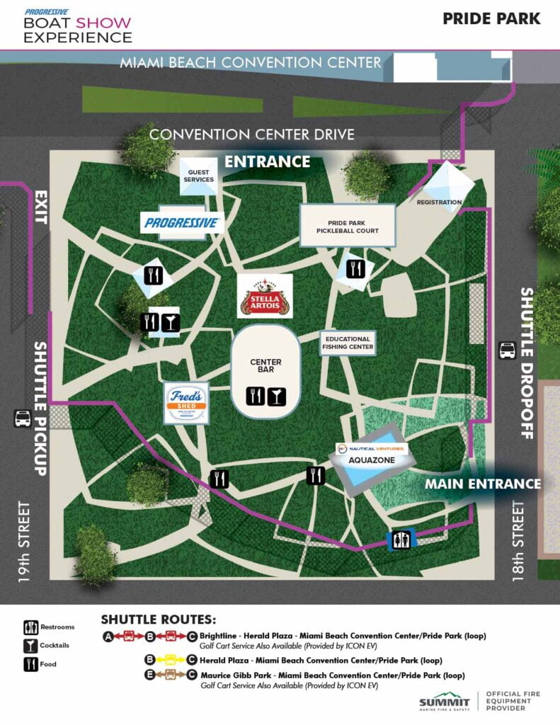 A map of Pride Park at the Miami Beach Convention Center for the Progressive Boat Show Experience. The layout features a main entrance, a shuttle drop-off on 18th Street, and shuttle pickup on 19th Street. Key areas include the Stella Artois Center Bar, Fred’s Shed, and Nautical Ventures’ Aquazone. Other notable areas include guest services, restrooms, and food and cocktail icons scattered throughout the park. The map also highlights a pickleball court and educational fishing center. Shuttle routes are marked with labeled routes A, B, C, D, and E, connecting different locations such as Brightline, Herald Plaza, and Maurice Gibb Park.