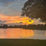 A peaceful sunset over a calm lake, with vibrant shades of orange, pink, and yellow illuminating the sky. Dark clouds hang in the distance, contrasting with the bright horizon. A large tree with dense foliage frames the right side of the image, and the lake's surface reflects the colors of the sky. In the background, silhouettes of houses and palm trees line the shore, creating a serene and picturesque scene.